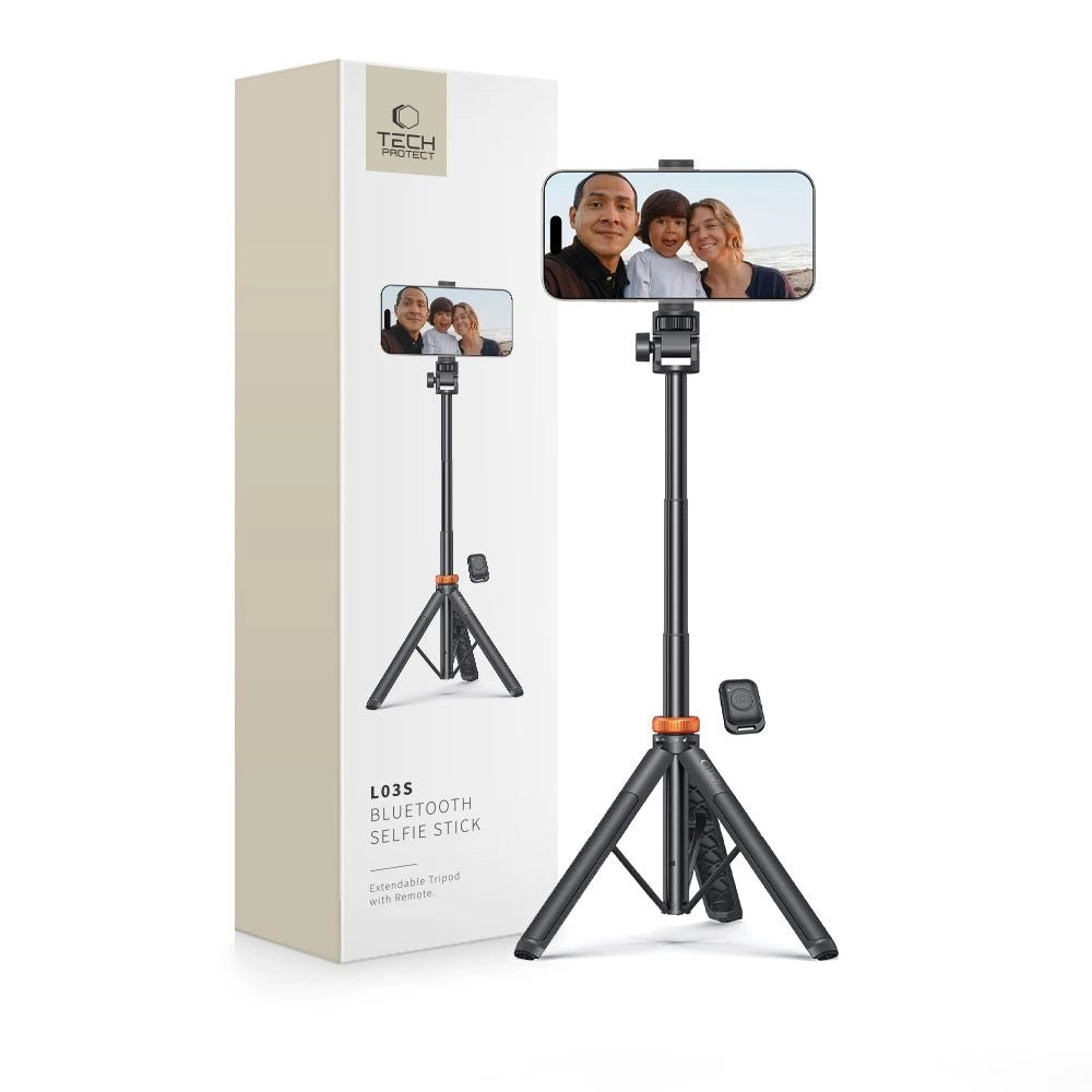 Tech-Protect L03S Bluetooth selfie stick med fjernbetjening, stativ op til 148cm og hoved 180 - sort
