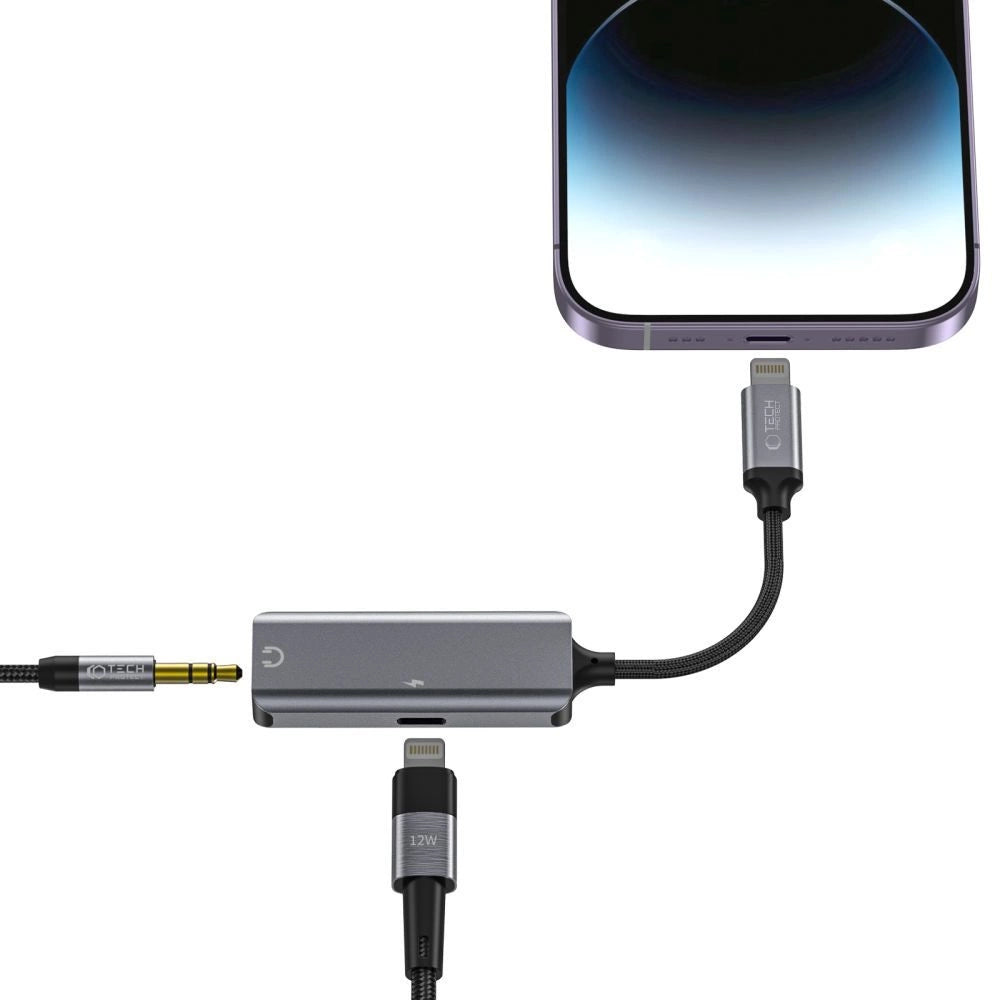 Tech-Protect UltraBoost lydadapter Lightning (mand) / mini jack 3,5 mm (kvinde) - Lightning (kvinde) - sort