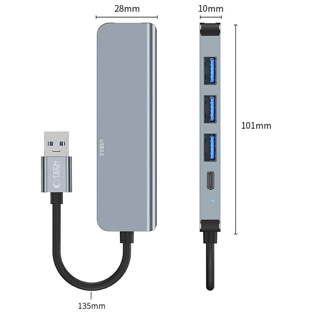 HUB Tech-Protect V0 5in1 USB-A - USB-A 3.0 / 3x USB-A 2.0 / USB-C - grå