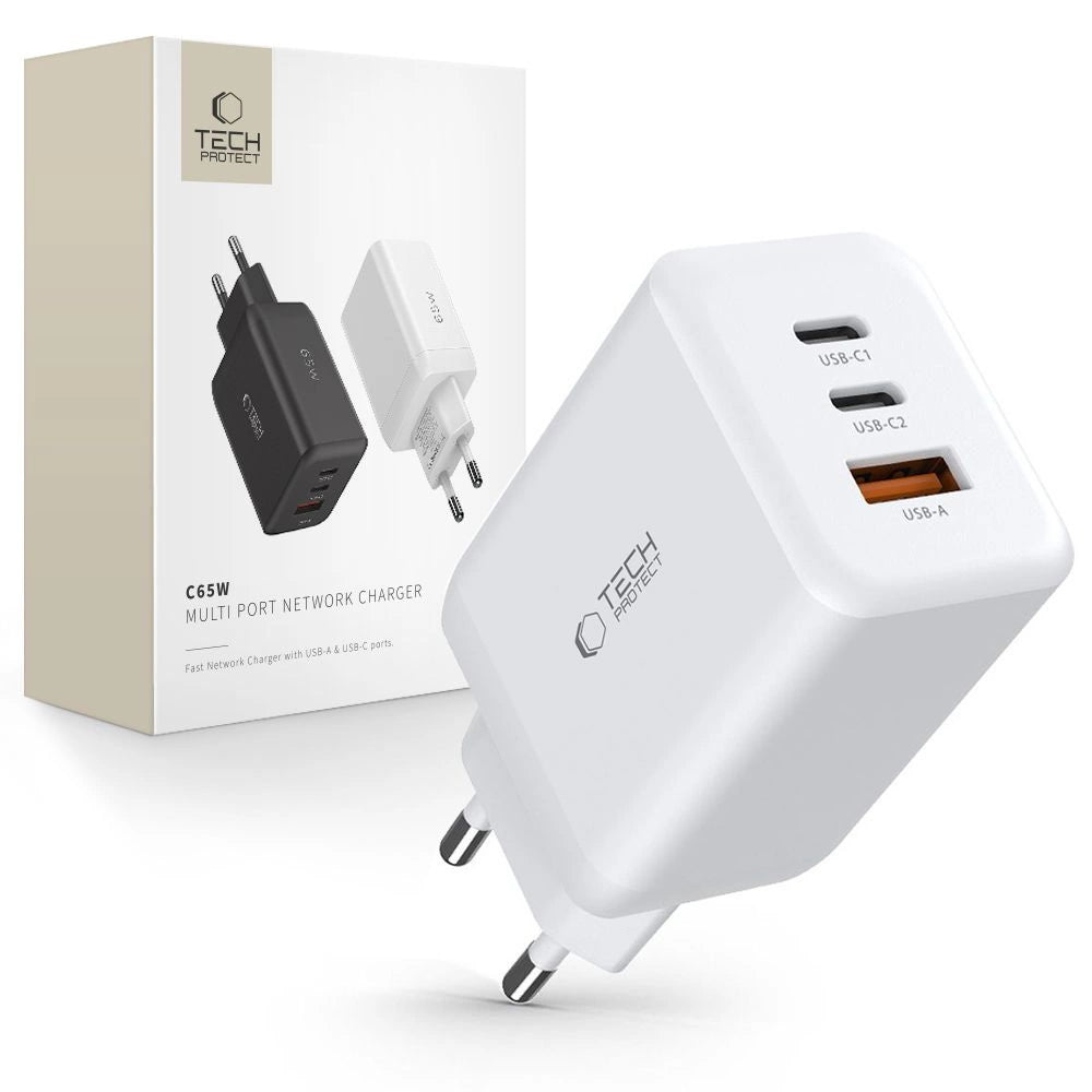 Tech-Protect C65W oplader 2x USB-C PD 65W / USB-A QC 3.0 - hvid