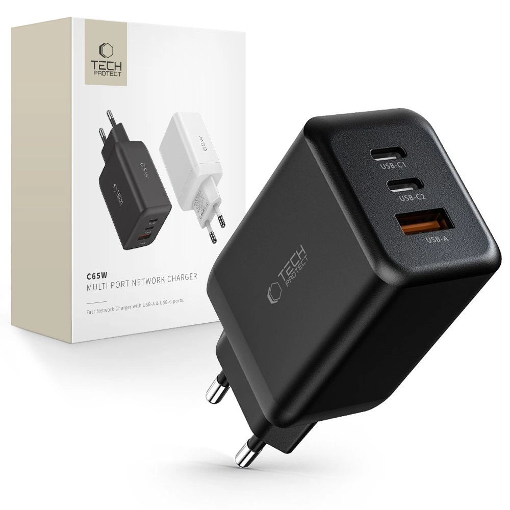 Tech-Protect C65W oplader 2x USB-C PD 65W / USB-A QC 3.0 - sort