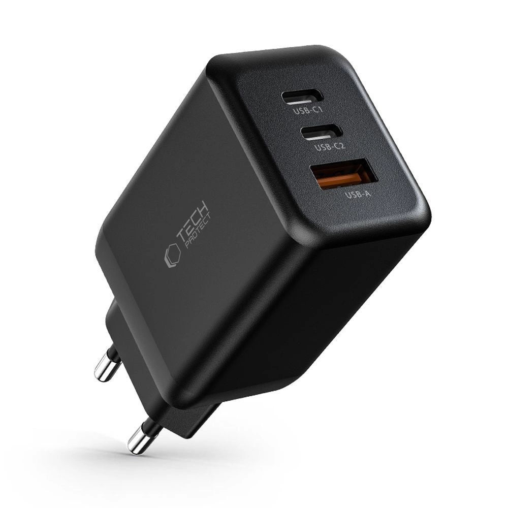 Tech-Protect C65W oplader 2x USB-C PD 65W / USB-A QC 3.0 - sort