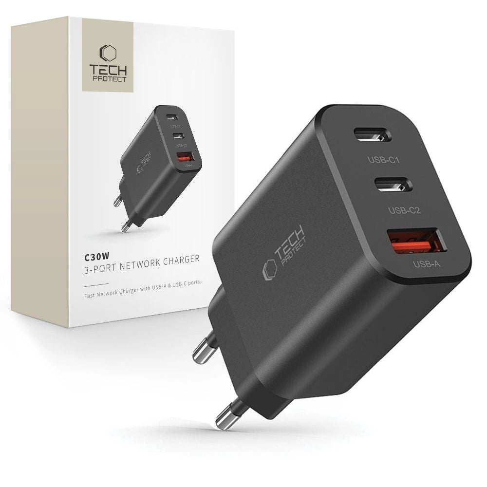 Tech-Protect NC30W oplader 2x USB-C PD 30W / USB-A QC 3.0 - sort