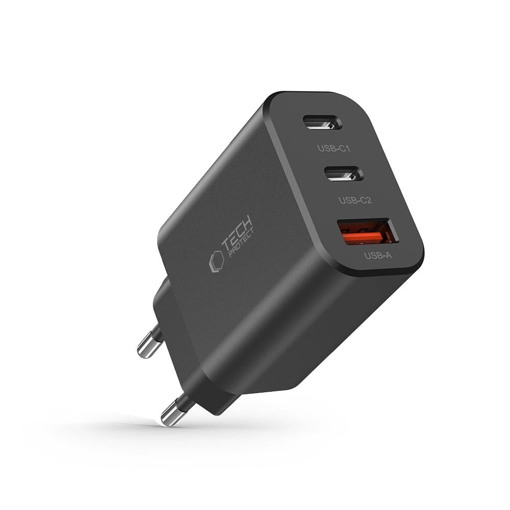 Tech-Protect NC30W oplader 2x USB-C PD 30W / USB-A QC 3.0 - sort