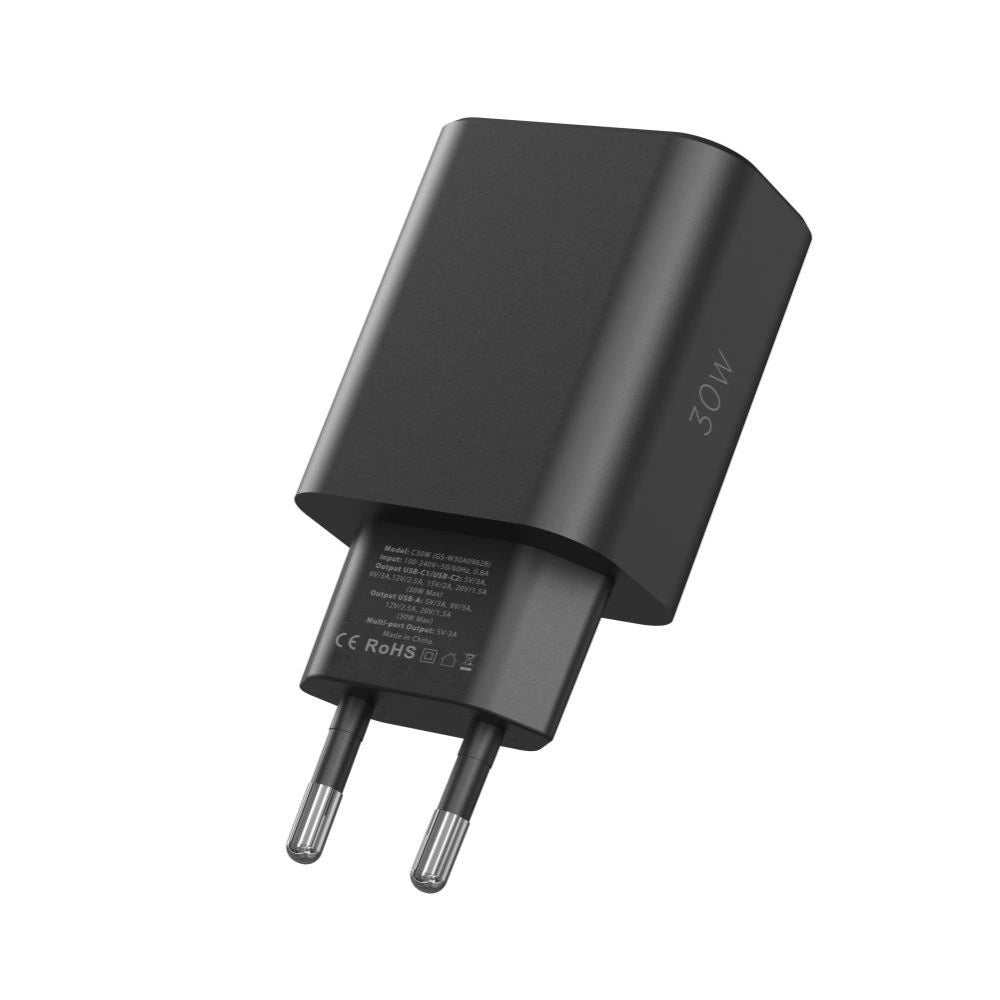 Tech-Protect NC30W oplader 2x USB-C PD 30W / USB-A QC 3.0 - sort