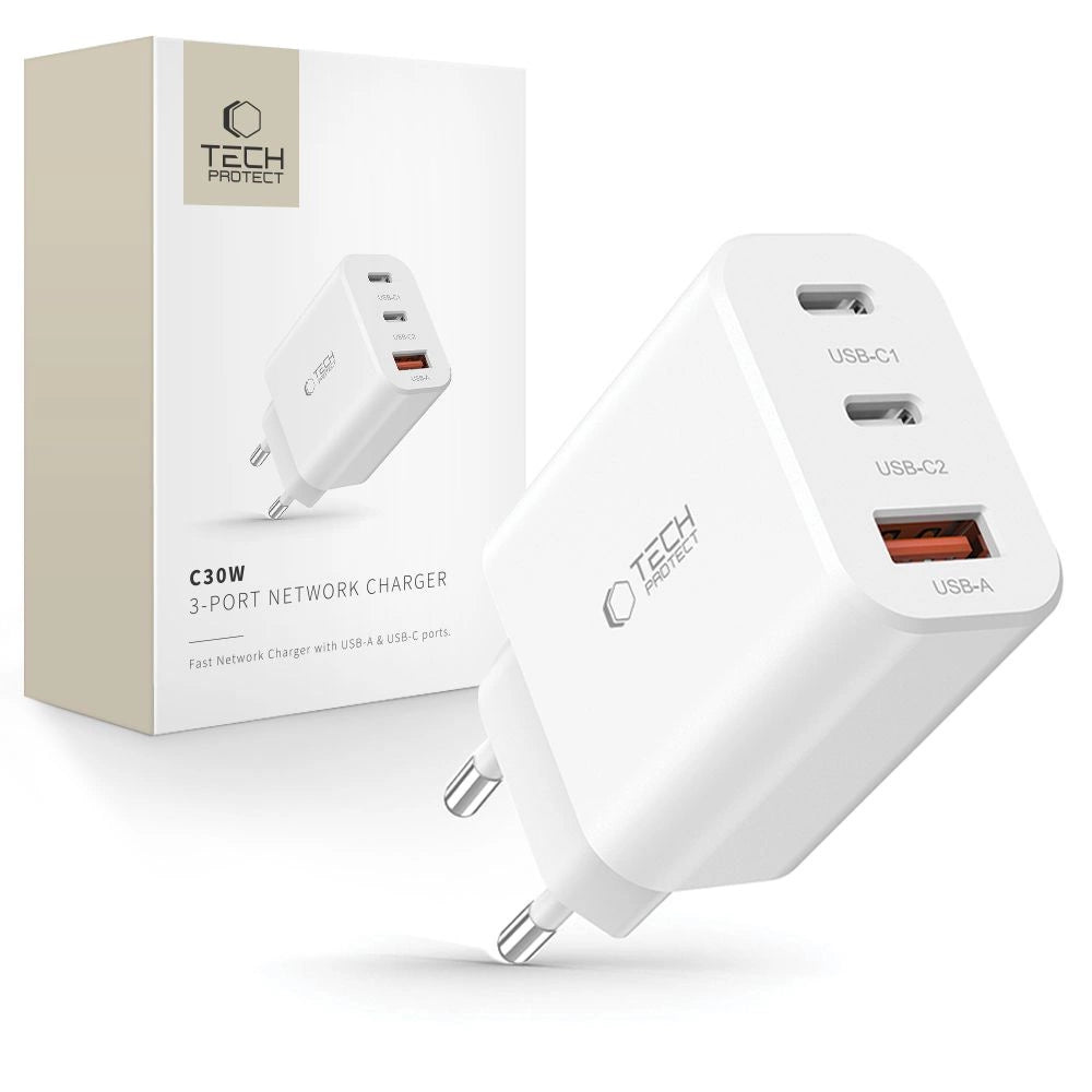 Tech-Protect NC30W oplader 2x USB-C PD 30W / USB-A QC 3.0 - hvid