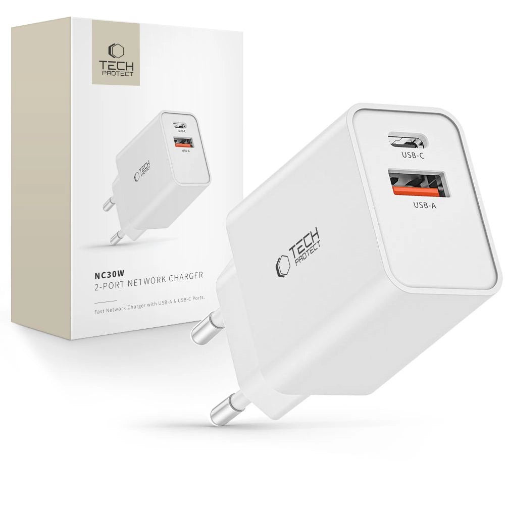 Tech-Protect NC30W USB-C PD 30W / USB-A QC 3.0 oplader - hvid