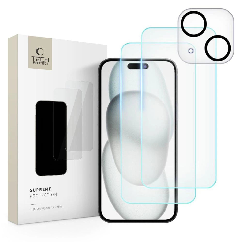 Tech-Protect Supreme Set til iPhone 15 2x hærdet glas til skærm / hærdet glas til kamera