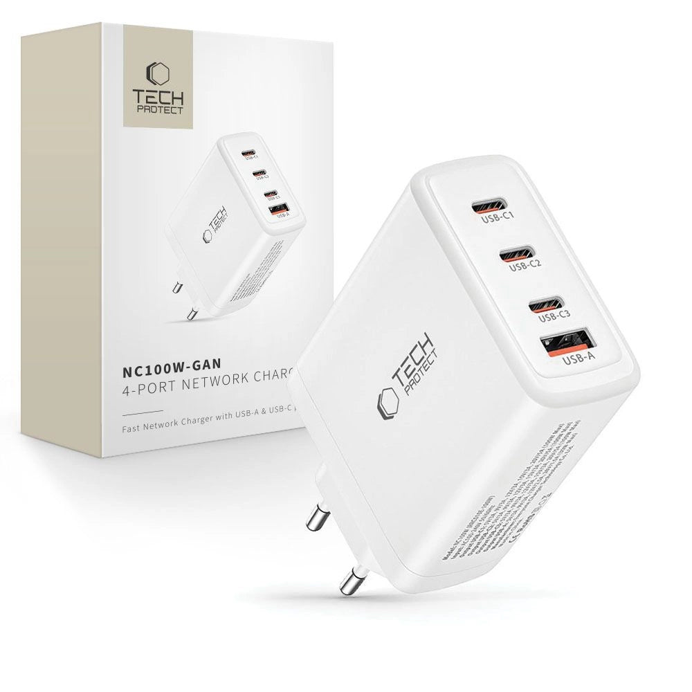 Tech-Protect NC100W-GAN oplader GaN 3x USB-C PD 100W / USB-A QC 3.0 - hvid
