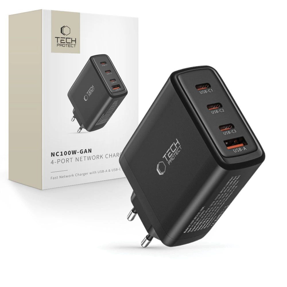 Tech-Protect NC100W-GAN opladningsnet GaN 3x USB-C PD 100W / USB-A QC 3.0 - sort