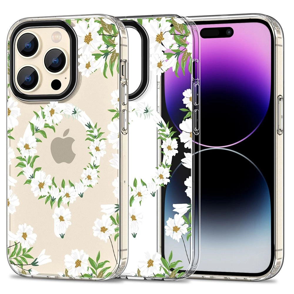 Tech-Protect MagMood MagSafe-fodral til iPhone 15 Pro - hvide daisies