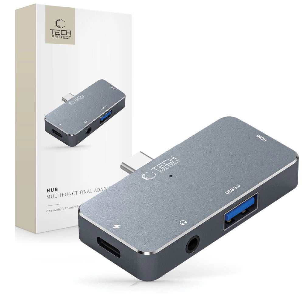HUB Tech-Protect V6 4in1 USB-C - USB-A 3.0 / USB-C PD100W / HDMI / mini jack 3,5 mm - grå