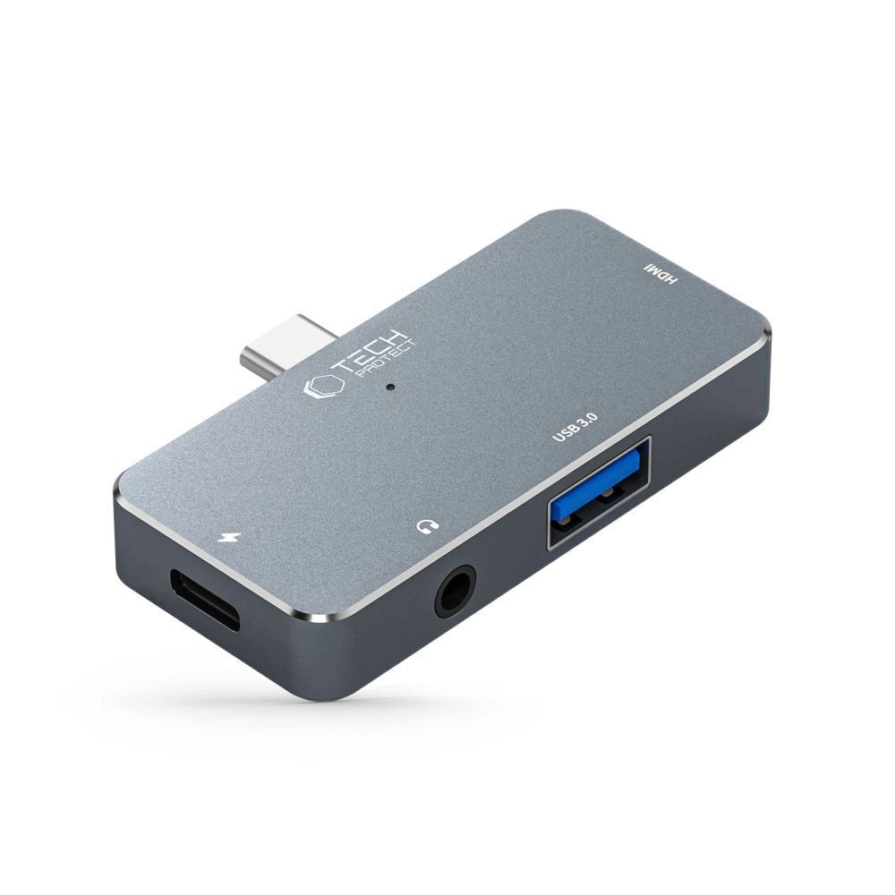 HUB Tech-Protect V6 4in1 USB-C - USB-A 3.0 / USB-C PD100W / HDMI / mini jack 3,5 mm - grå
