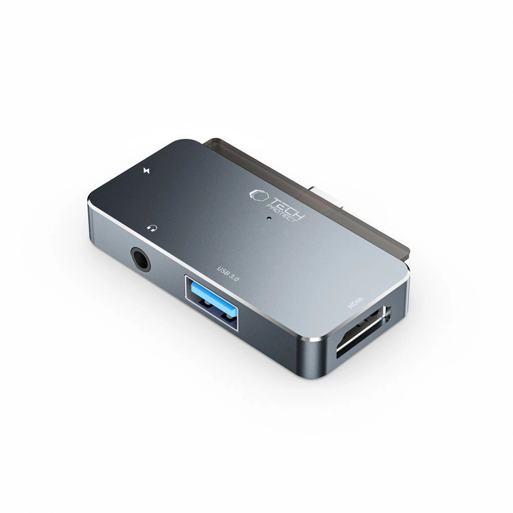 HUB Tech-Protect V6 4in1 USB-C - USB-A 3.0 / USB-C PD100W / HDMI / mini jack 3,5 mm - grå