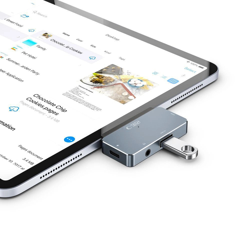 HUB Tech-Protect V6 4in1 USB-C - USB-A 3.0 / USB-C PD100W / HDMI / mini jack 3,5 mm - grå