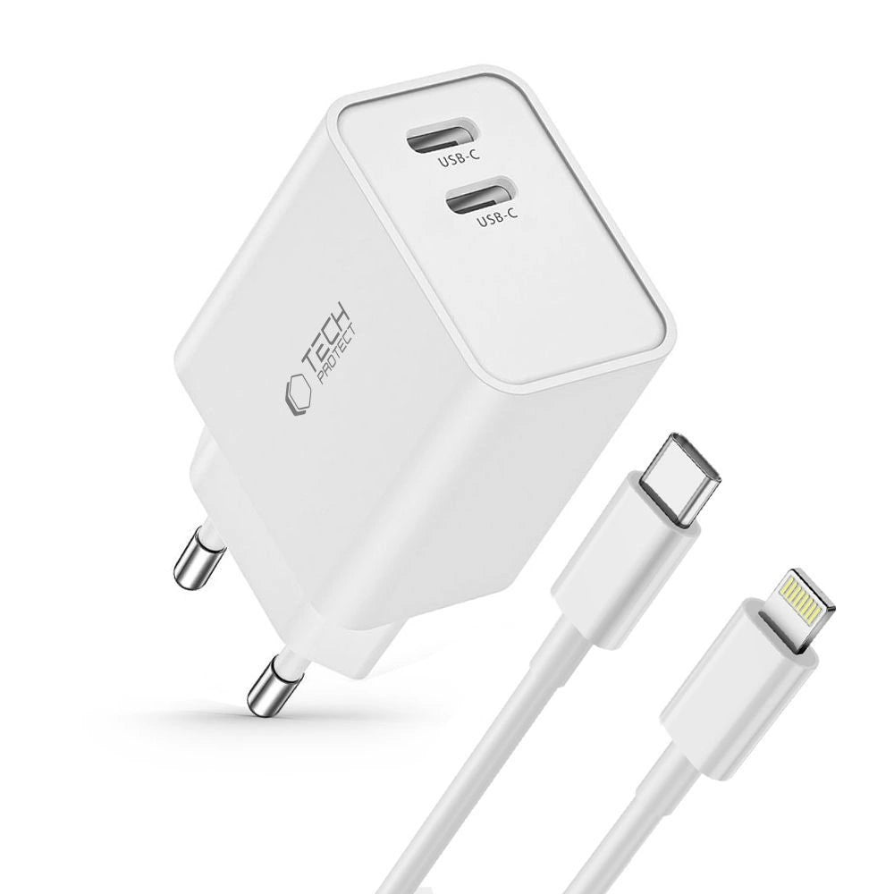 Tech-Protect C35W 2x USB-C PD 35W Wall Charger med USB-C / Lightning Cable - hvid
