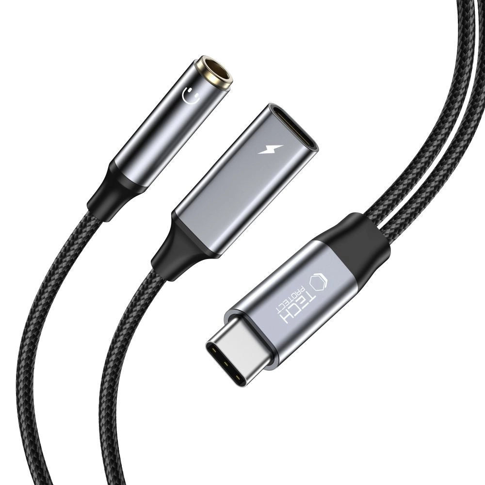 Tech-Protect UltraBoost USB-C (mandlig) PD 60W 6A / mini jack 3,5 mm (kvindelig) - USB-C (kvindelig) - sort