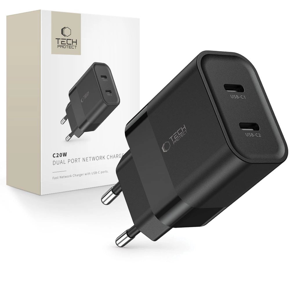 Tech-Protect C20W oplader 2x USB-C PD 20W - sort