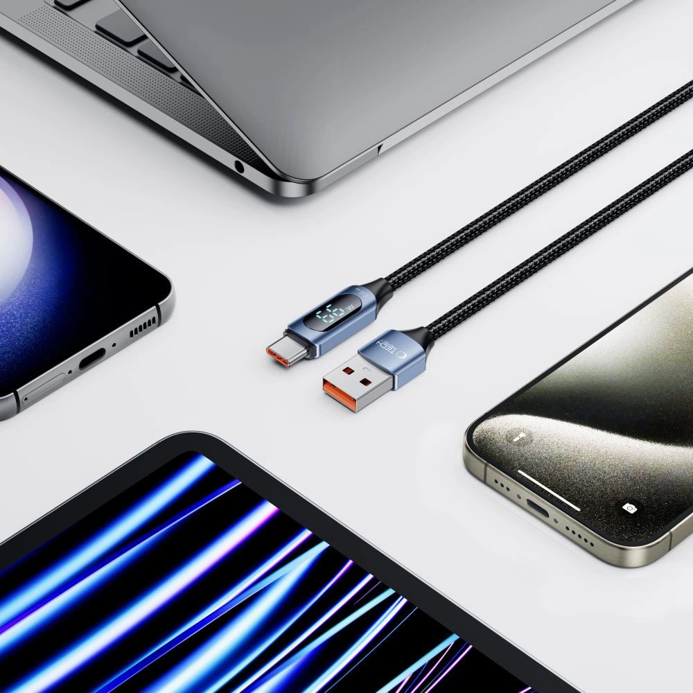 Tech-Protect UltraBoost-kabel med LED-skærm USB-C / USB-A 66W 6A 1m - Blå