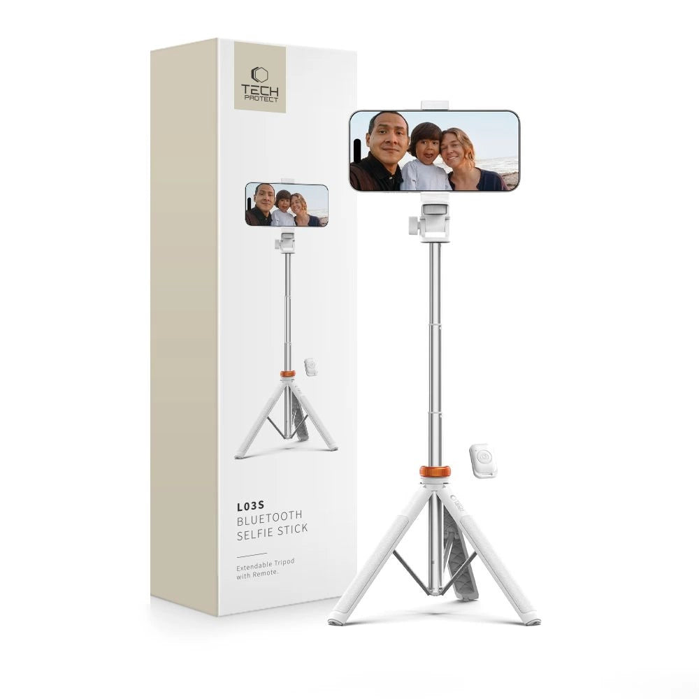 Tech-Protect L03S Bluetooth selfie stick med fjernbetjening, stativ op til 148 cm og 180 hoved - hvid