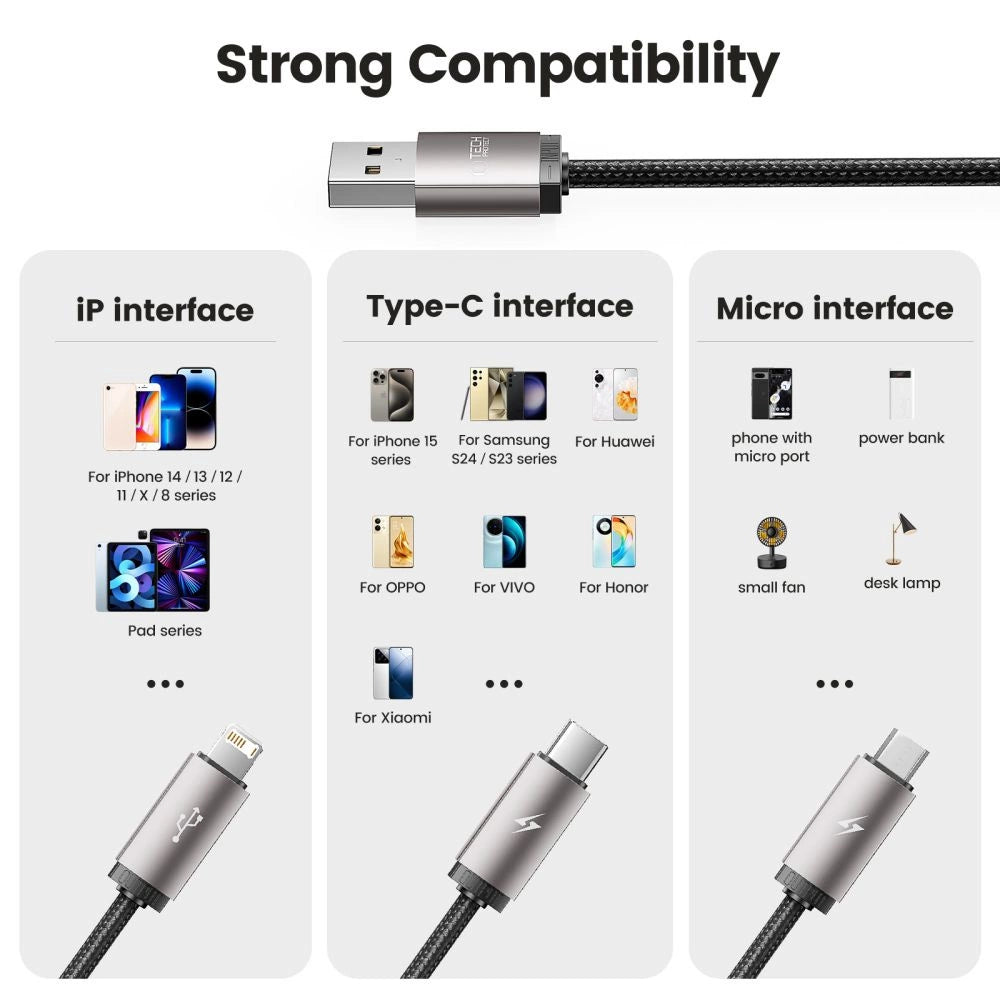 Tech-Protect UltraBoost 3in1 USB-A - Lightning / USB-C / micro USB 3.5A kabel 1m - grå