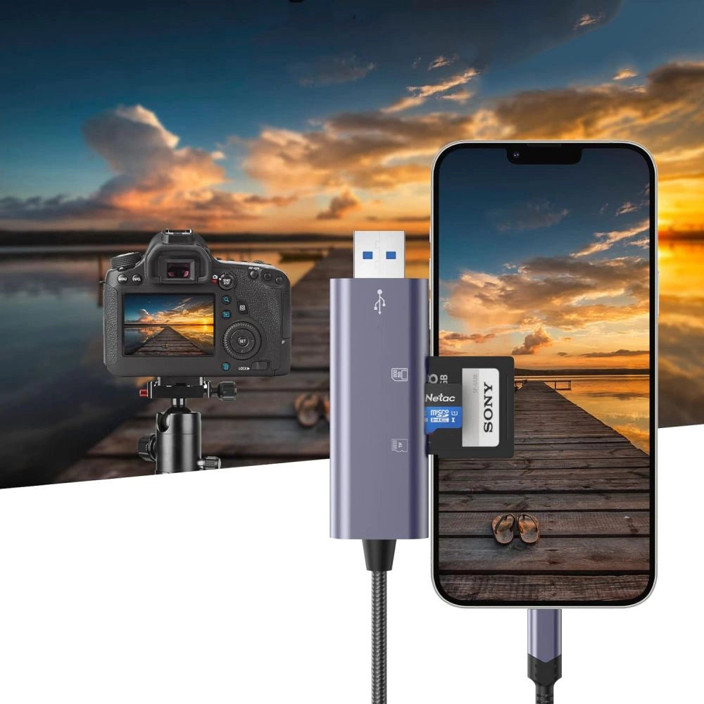 Tech-Protect UltraBoost SD/micro SD-kortlæser med Lightning/USB-A-stik - grå
