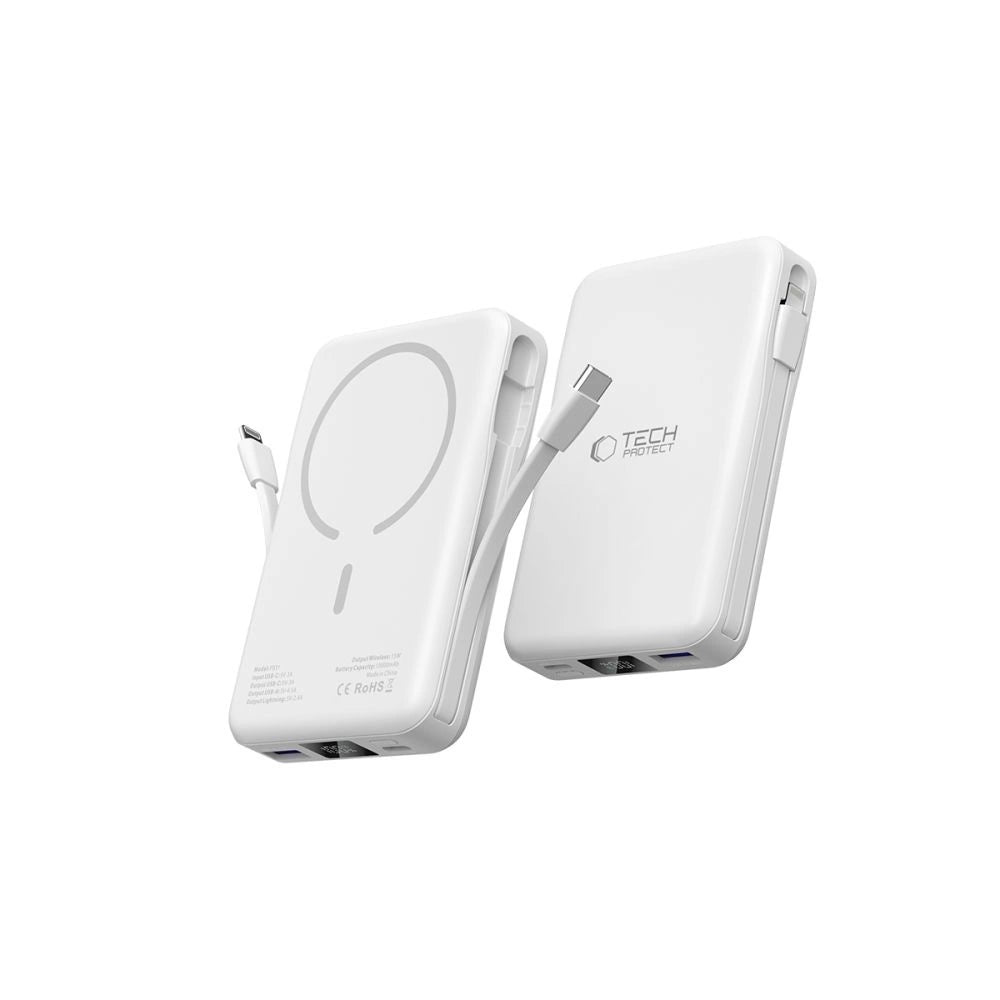 Tech-Protect LifeMag PB31 Power Bank med MagSafe 10000mAh 15W USB-C / USB-A / Indbygget USB-C / Lightning Kabler - hvid
