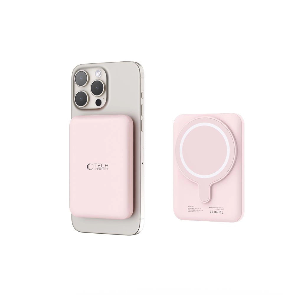 Tech-Protect LifeMag PB10 Powerbank med MagSafe 5000mAh 15W USB-C port - lyserød + USB-C kabel
