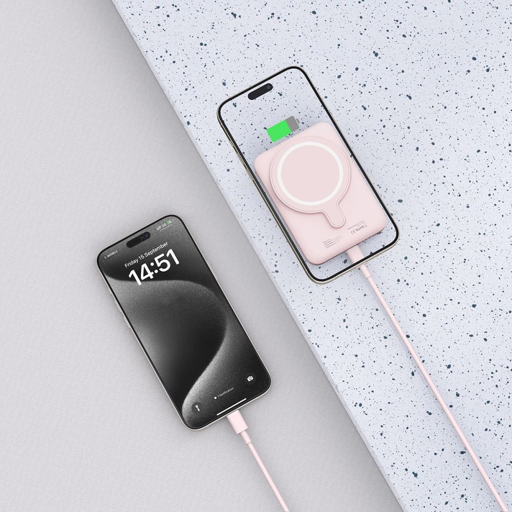 Tech-Protect LifeMag PB10 Powerbank med MagSafe 5000mAh 15W USB-C port - lyserød + USB-C kabel