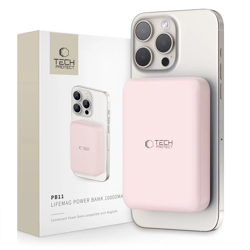 Tech-Protect LifeMag PB11 Powerbank med MagSafe 10000mAh 15W USB-C port - lyserød + USB-C kabel