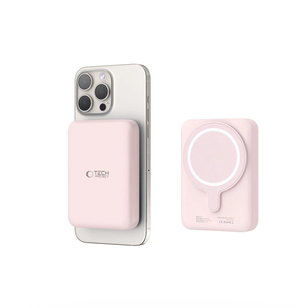 Tech-Protect LifeMag PB11 Powerbank med MagSafe 10000mAh 15W USB-C port - lyserød + USB-C kabel