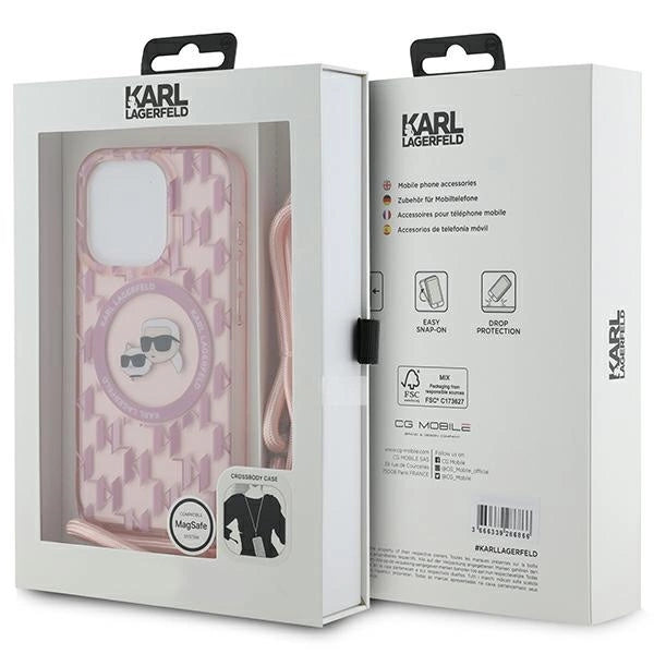 Karl Lagerfeld IML Crossbody Monogram Karl & Choupette Head MagSafe Case for iPhone 15 Pro Max - Pink