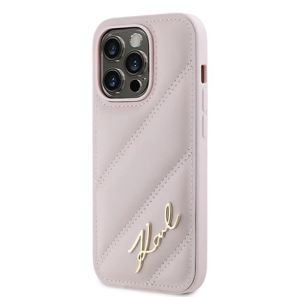 Karl Lagerfeld Diagonal Quilted Script case for iPhone 14 Pro Max - pink