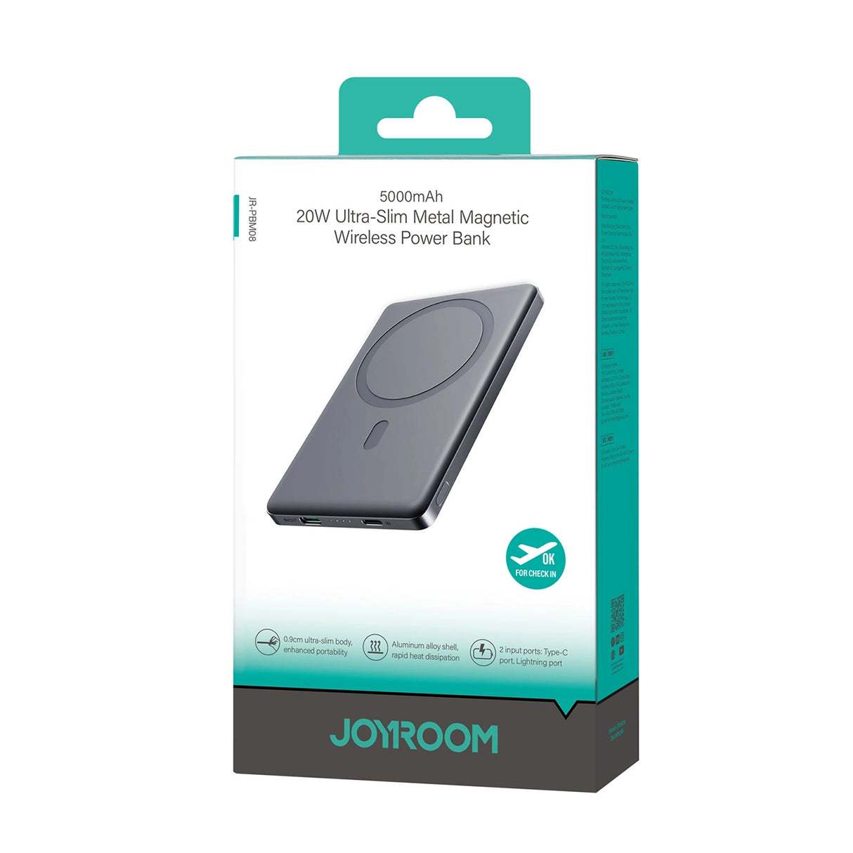 Powerbank Joyroom JR-PBM08 5000mAh 20W ultra-tynn med induktiv opladning - grå