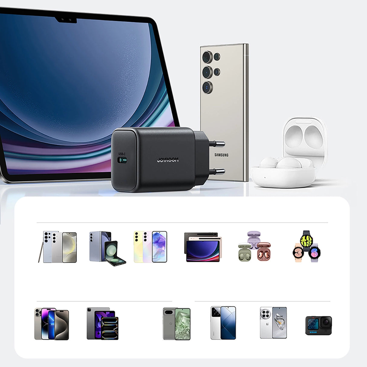 Joyroom JR-TCF23 netværksoplader USB-C 25W SFC / PPS / PD - sort + USB-C / USB-C kabel 1m