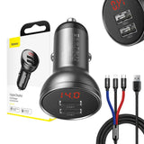 Ładowarka samochodowa Baseus z wyświetlaczem 24W + kabel USB 3w1 Baseus Tre Primære Farver 1,2m