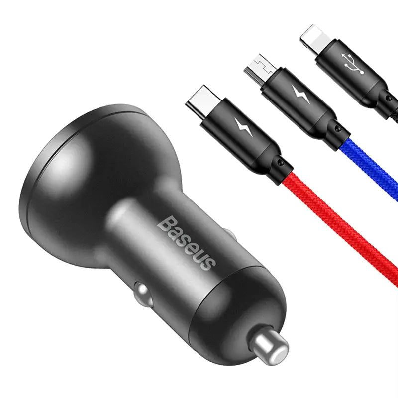 Ładowarka samochodowa Baseus z wyświetlaczem 24W + kabel USB 3w1 Baseus Tre Primære Farver 1,2m