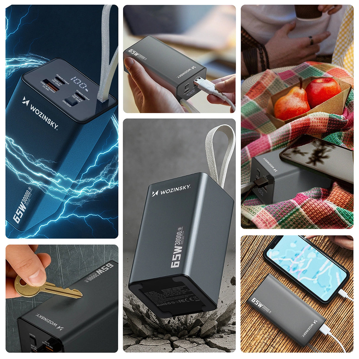 Powerbank Wozinsky K65+ 65W 30000mAh 2x USB-C, 1x USB-A 65W - grå