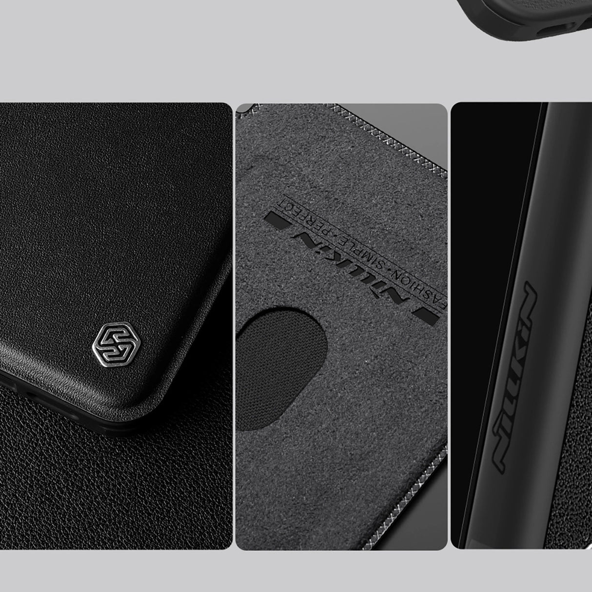 Nillkin Qin Prop læderfoder med kameraomslag og stativ til iPhone 16 Pro Max - sort