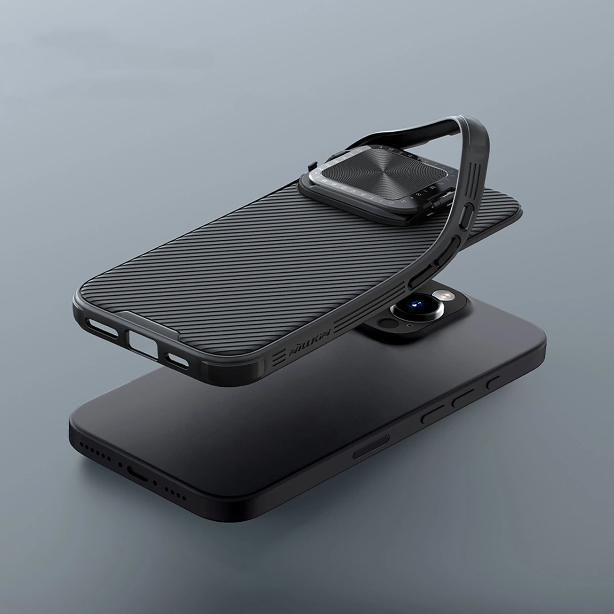 Nillkin CamShield Prop Case til iPhone 16 Pro Max med kameraomslag og stativ - sort