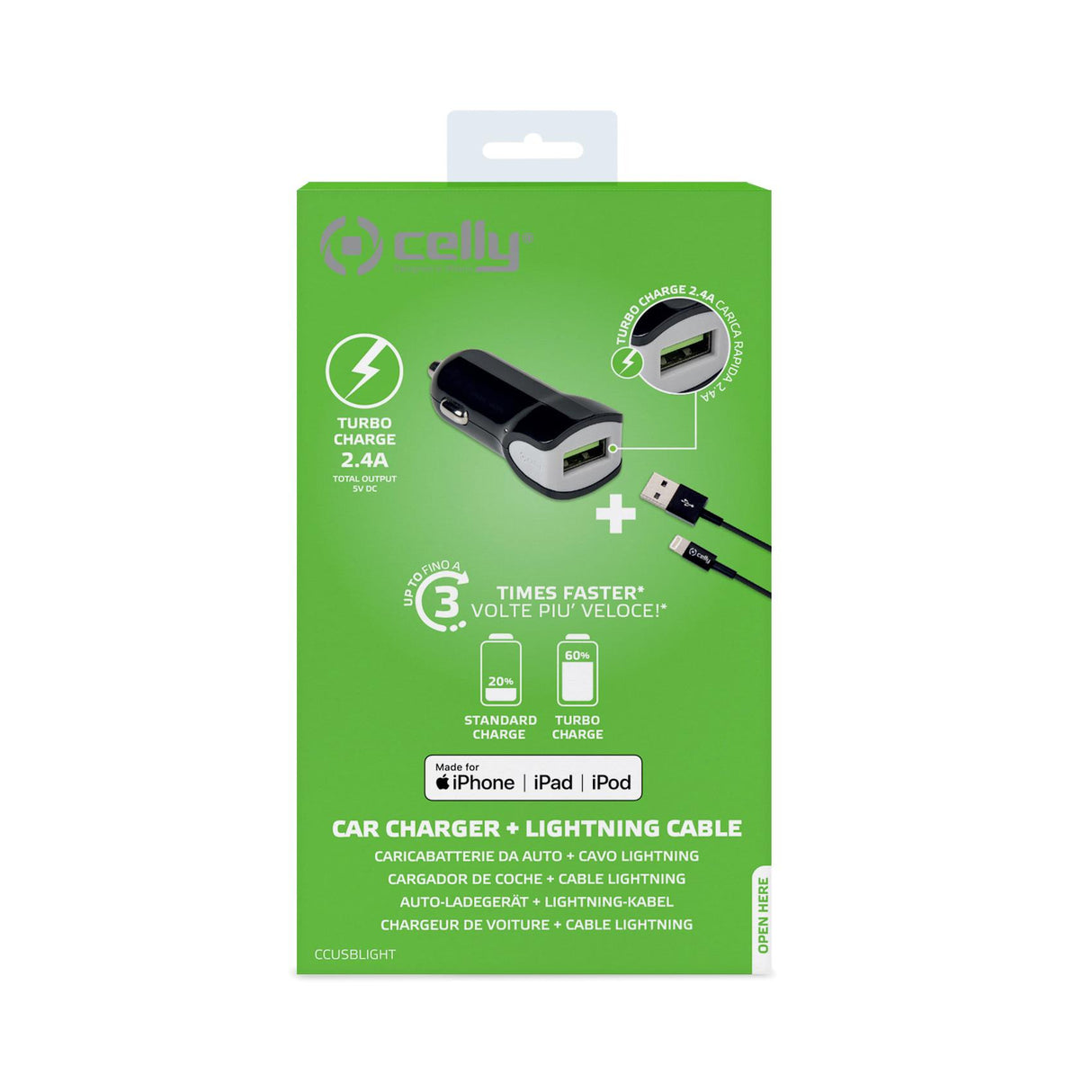 Celly Car Charger + USB-A to Lightning Cable 12W Black (1M)