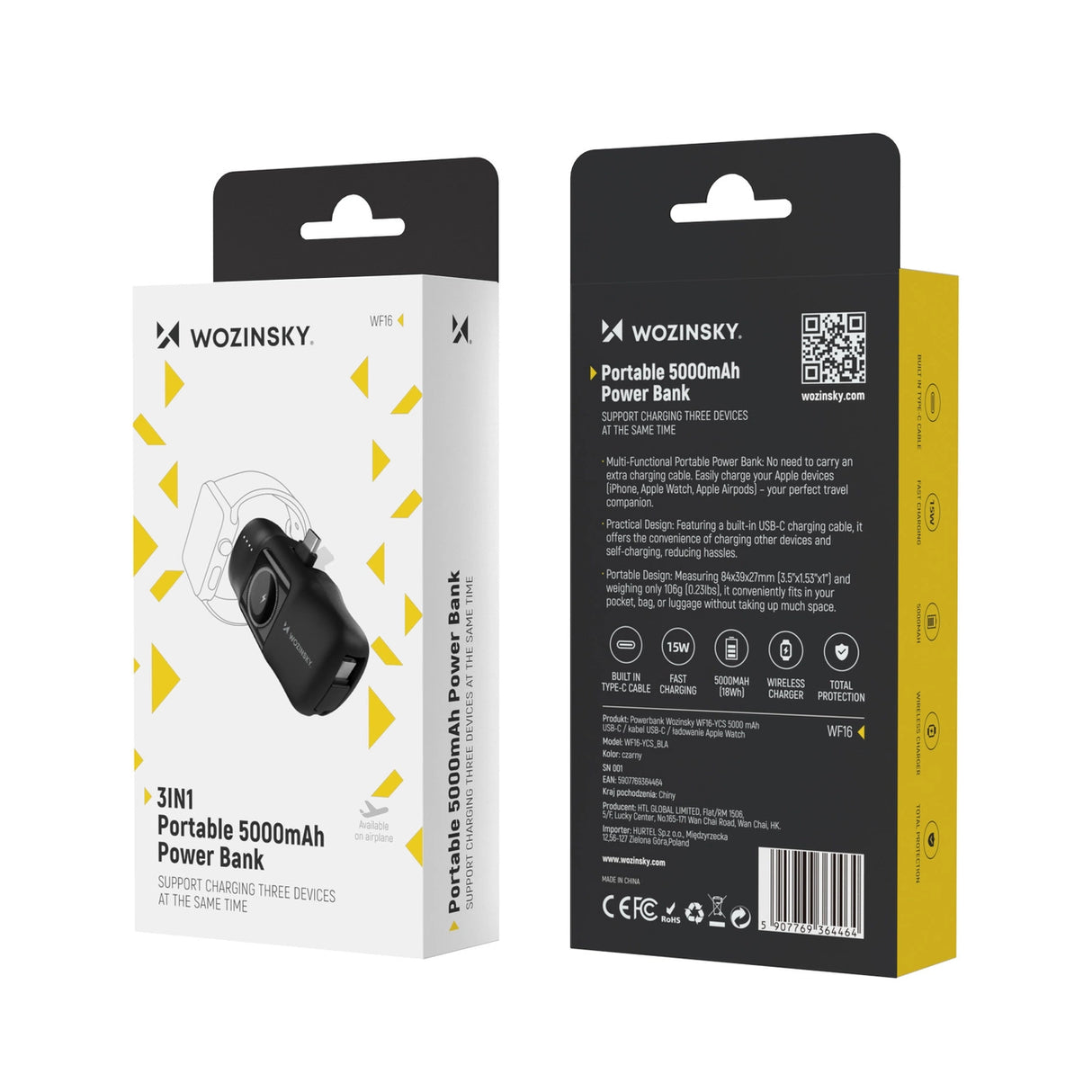Wozinsky WF16-YCS 5000mAh 15W USB-C Mini Power Bank med indbygget USB-C-kabel og Apple Watch-oplader - sort