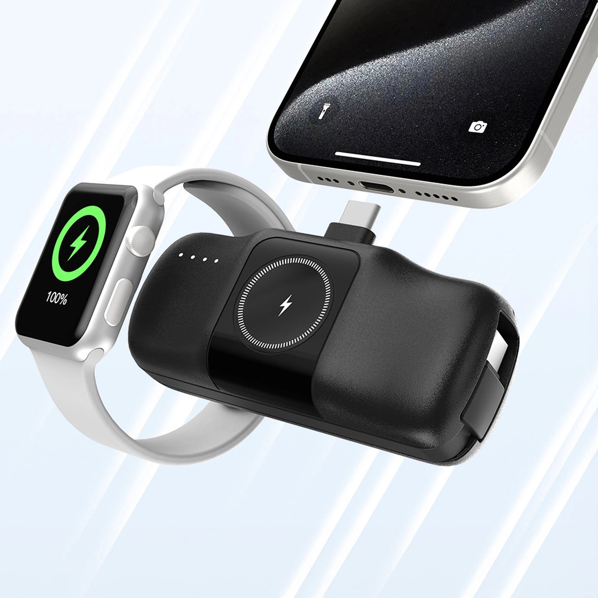 Wozinsky WF16-YCS 5000mAh 15W USB-C Mini Power Bank med indbygget USB-C-kabel og Apple Watch-oplader - sort