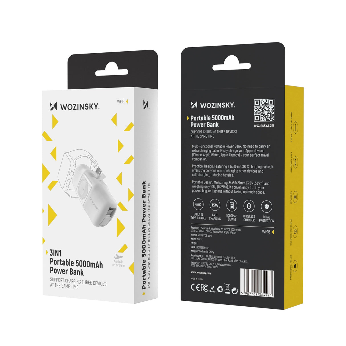 Wozinsky WF16-YCS 5000mAh 15W USB-C Mini Power Bank med indbygget USB-C-kabel og Apple Watch-oplader - hvid