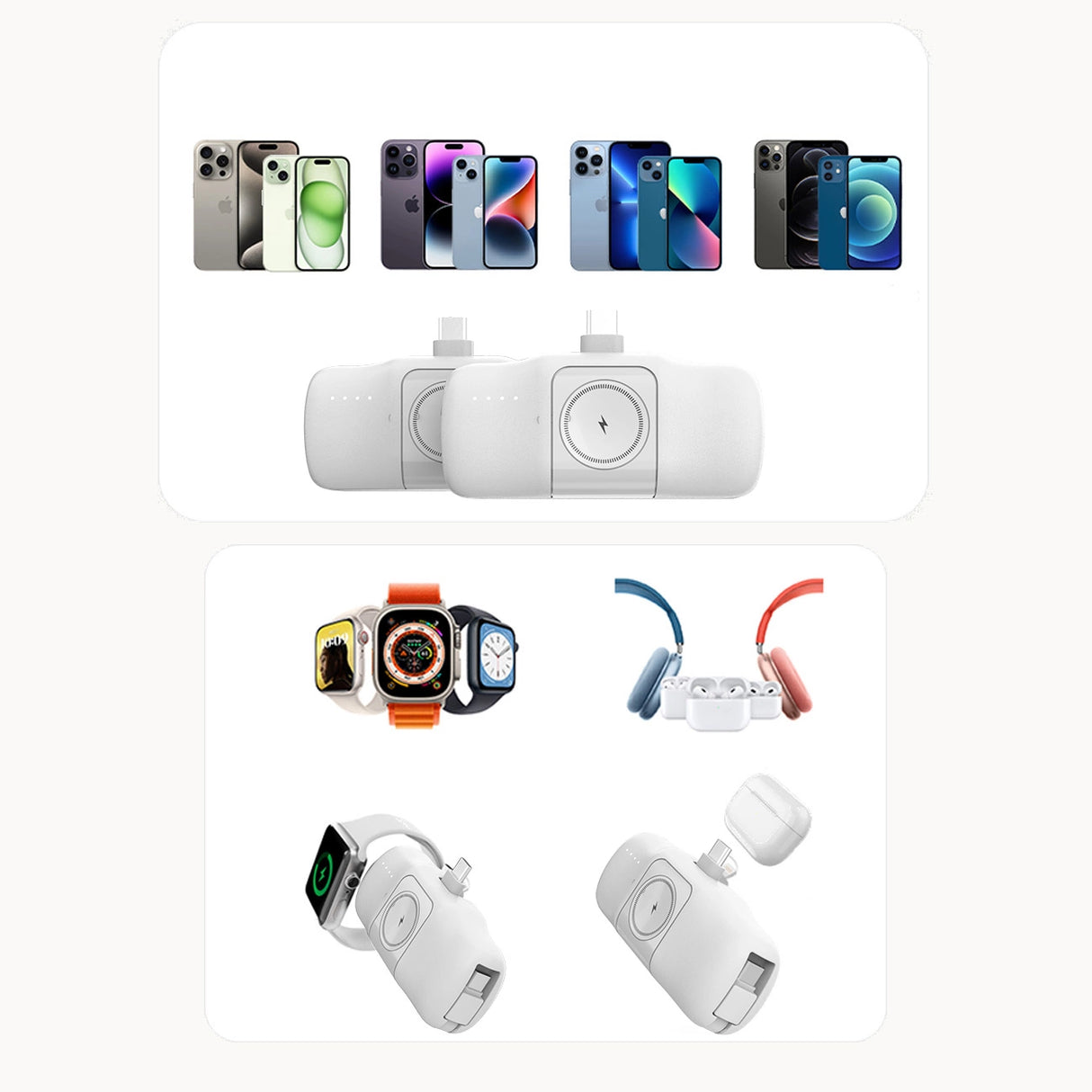 Wozinsky WF16-YCS 5000mAh 15W USB-C Mini Power Bank med indbygget USB-C-kabel og Apple Watch-oplader - hvid