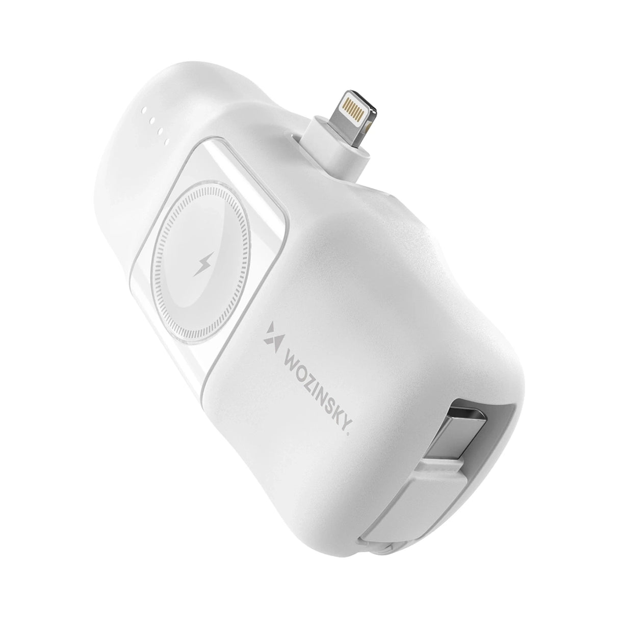 Wozinsky WF16-YLS 5000mAh 15W Lightning Mini Power Bank med indbygget USB-C-kabel og Apple Watch-oplader - hvid