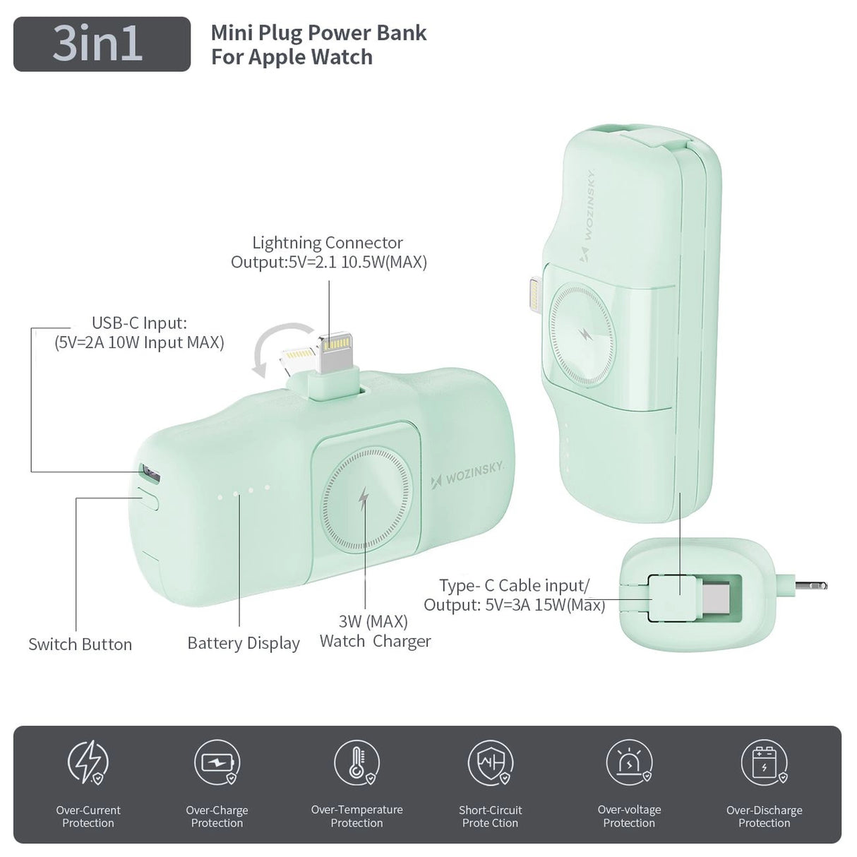 Wozinsky WF16-YLS 5000mAh 15W Lightning Mini Power Bank med indbygget USB-C-kabel og Apple Watch-oplader - Grøn