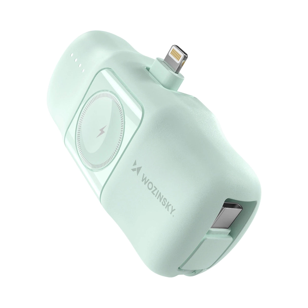 Wozinsky WF16-YLS 5000mAh 15W Lightning Mini Power Bank med indbygget USB-C-kabel og Apple Watch-oplader - Grøn