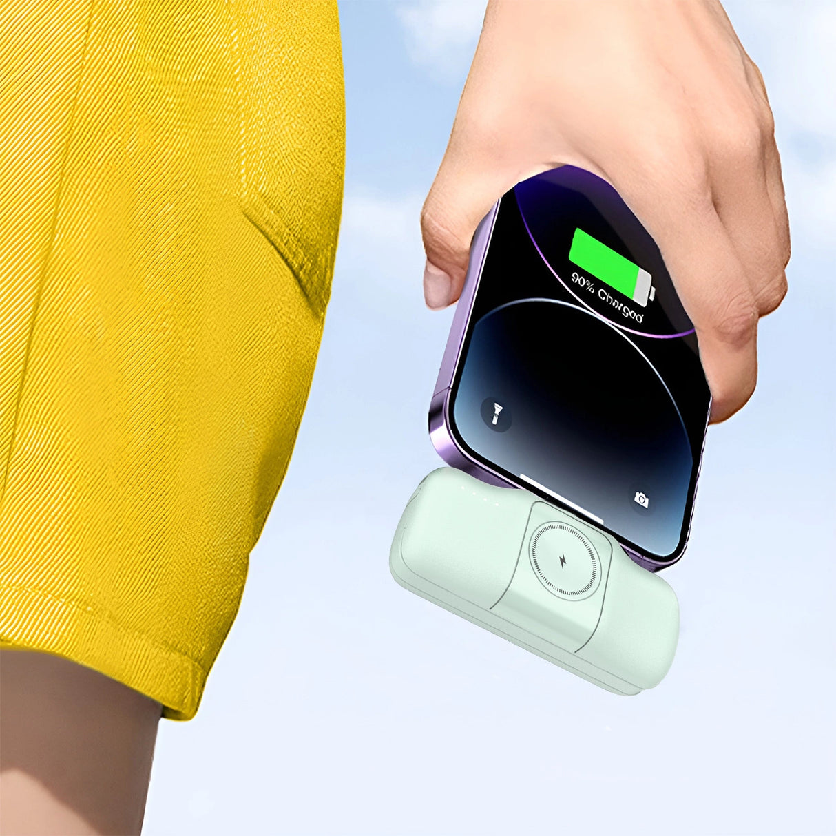 Wozinsky WF16-YLS 5000mAh 15W Lightning Mini Power Bank med indbygget USB-C-kabel og Apple Watch-oplader - Grøn