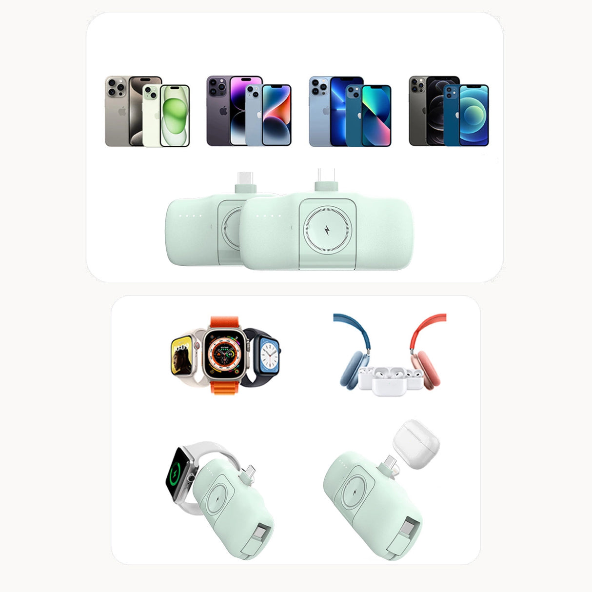 Wozinsky WF16-YLS 5000mAh 15W Lightning Mini Power Bank med indbygget USB-C-kabel og Apple Watch-oplader - Grøn